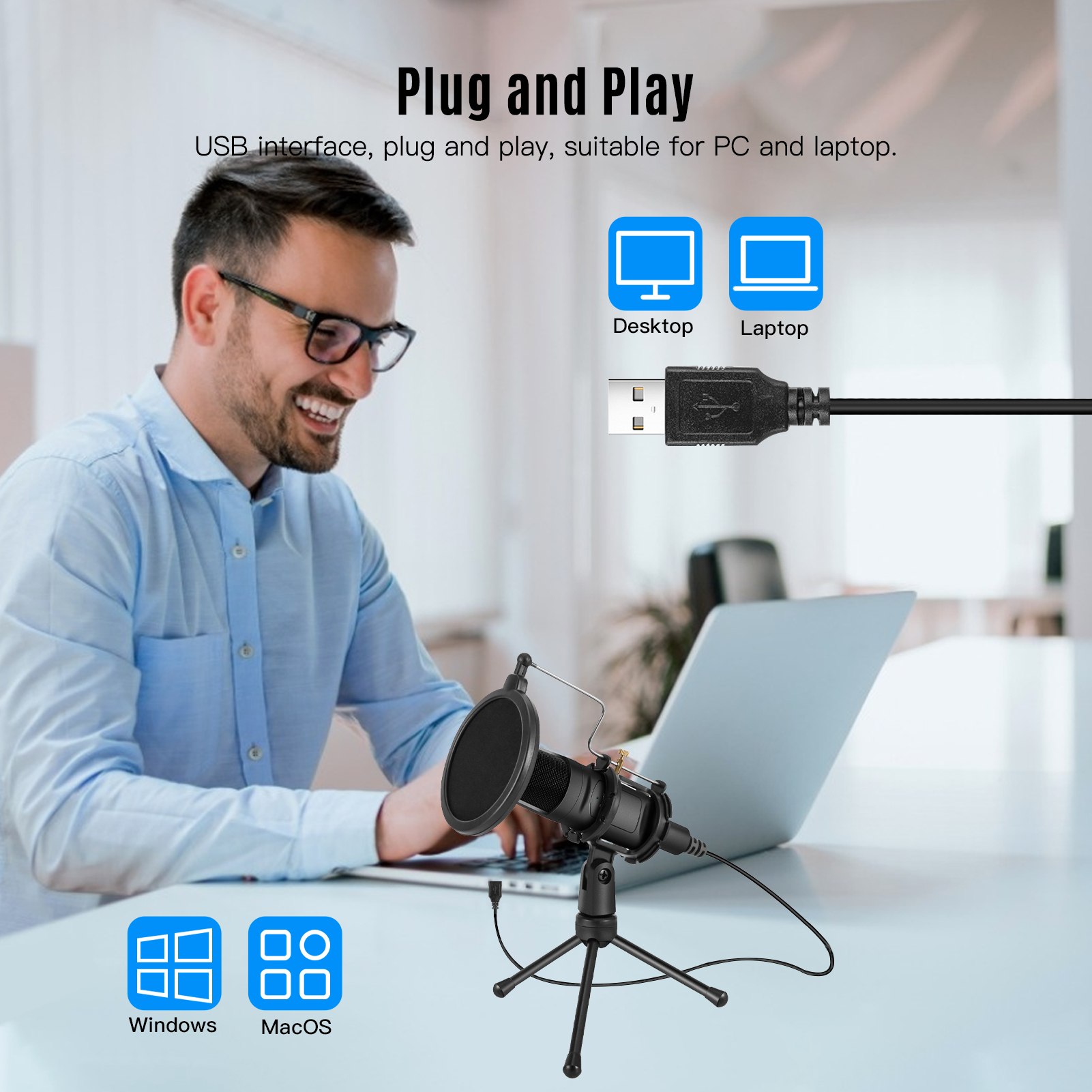 Micrófono USB para ordenador y PC, micrófono de escritorio, condensador, con soporte de trípode, montaje de choque, filtro Pop, Plug and Play, para Mac OS