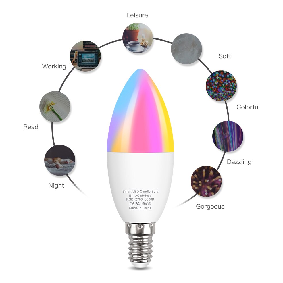 Wifi Led Bulb E14 RGB+CW+WW Candle Light Bulb Tuya Smart Life APP Control Led Lamp Work With Siri Alexa Google Home Assistant