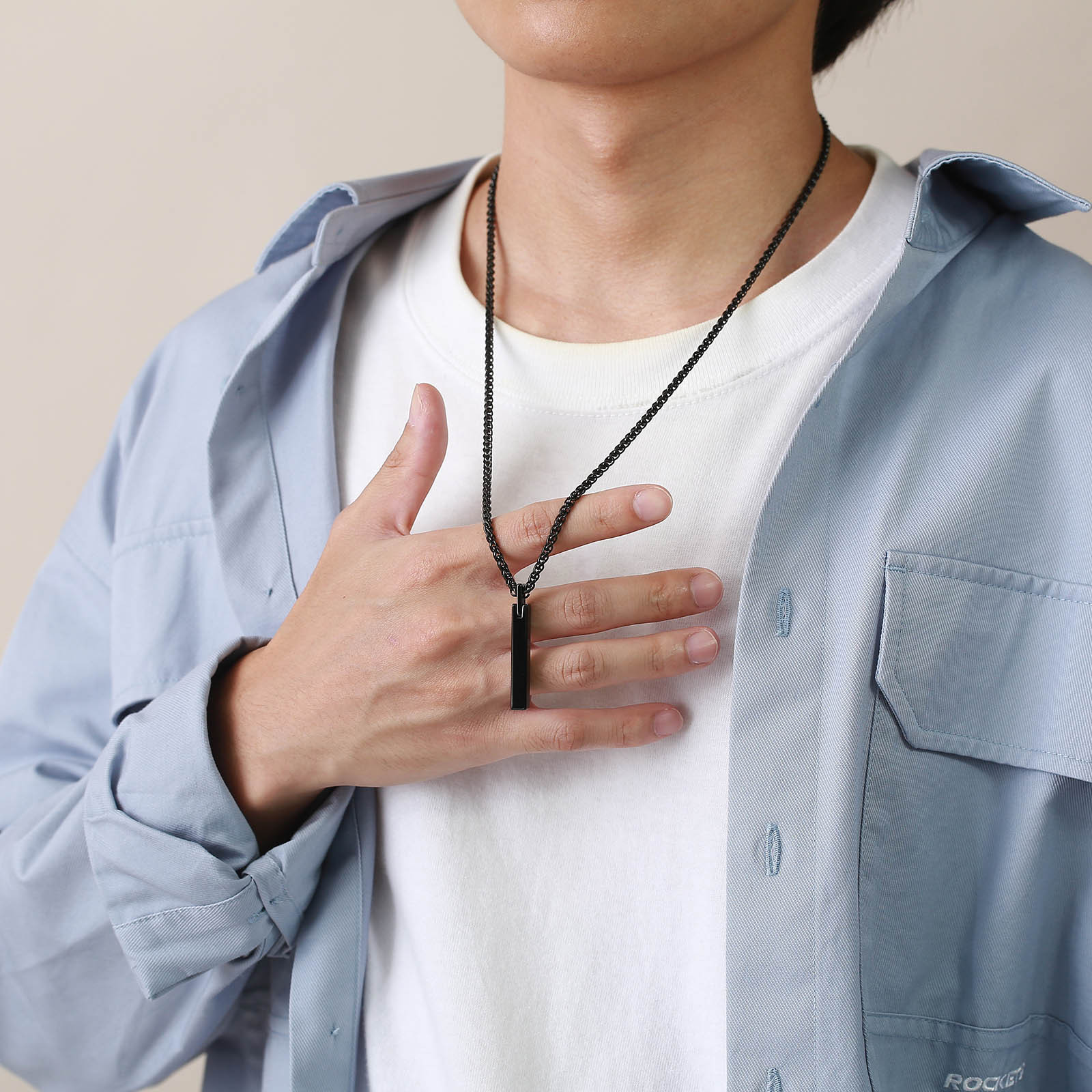 Collares de barra vertical 3D impermeables para hombres, colgante geométrico minimalista de acero inoxidable con cadena de caja, joyería de collar masculino