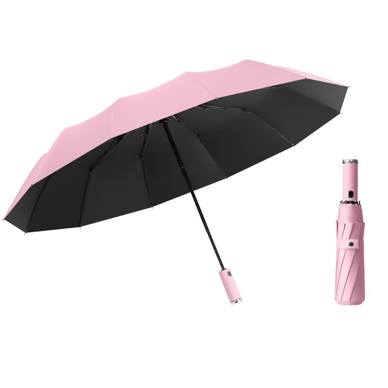 Parapluie pliant automatique à 10 baleines, grand parapluie coupe-vent avec lumière Led, pour femmes, revêtement noir, pour les affaires, Parasol: Rose