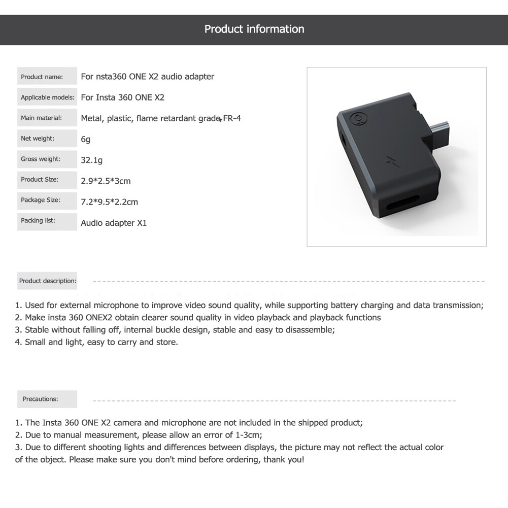 Adaptateur de Microphone convertisseur externe léger Audio type-c, chargement d'éléments musicaux portables pour Insta360 ONE X2