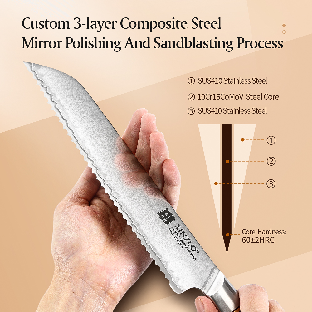 XINZUO 8.5" Bread Knife 60+2HRC Composite Steel With Japanese Pakkawood Handle Bread Knife Kitchen Accessories