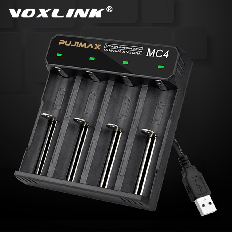 Voxlink Acculader 18650 Led 4 Slots USB2.0 Snel Opladen 26650 18350 14500 26500 22650 Li-Ion Oplaadbare Batterij Oplader