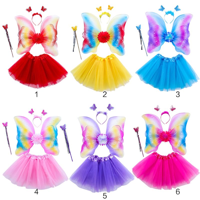 4Pcs Meisjes Fee Kostuum Set Regenboog Vlinder Drie Lagen Tule Tutu Rok Wand Hoofdband Prinses Halloween Party 3-8T