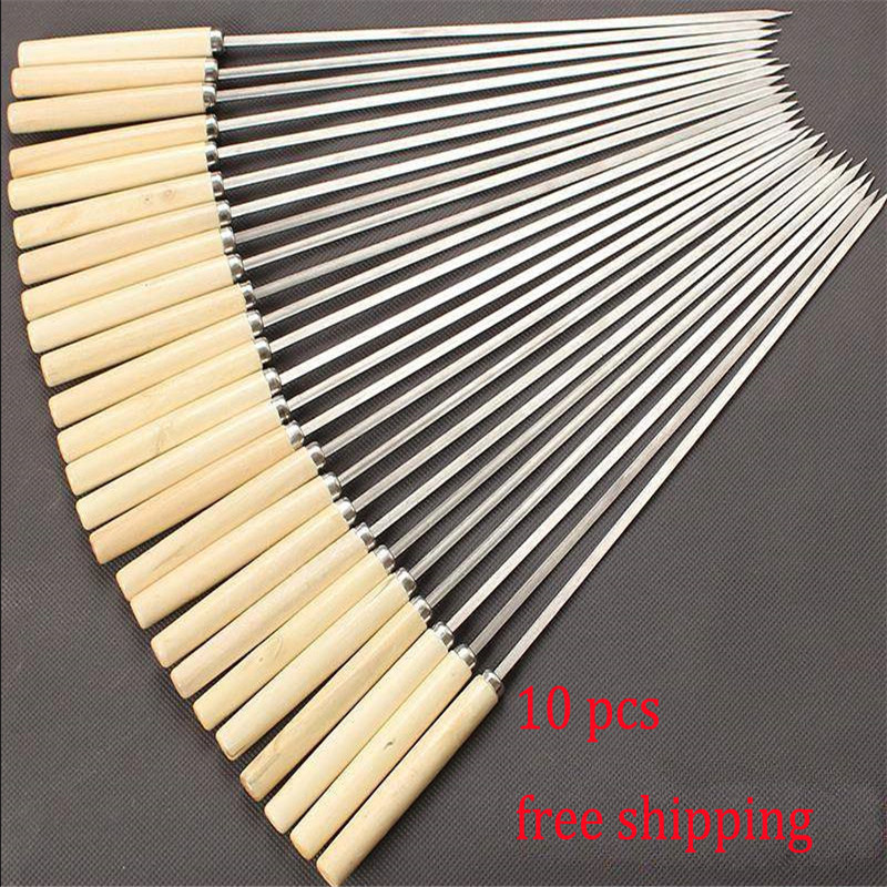 10 Pcs Flat Barbecue Stick BBQ Roasting Needle With Wooden Handle Brochette Tong Kebabe Skewers Stainless Steel Roasting Tools