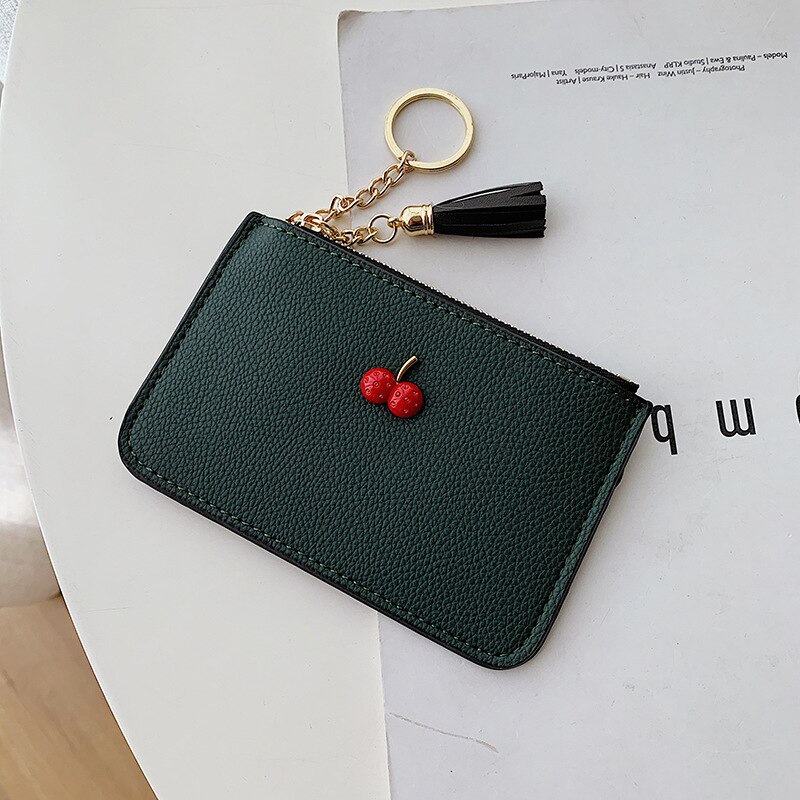 Enkel körsbär koreanskt pu-läder ultratunn klämma mjukt läderfransar dragkedja kort plånbok damkortväska noll plånbok: Svartgrön