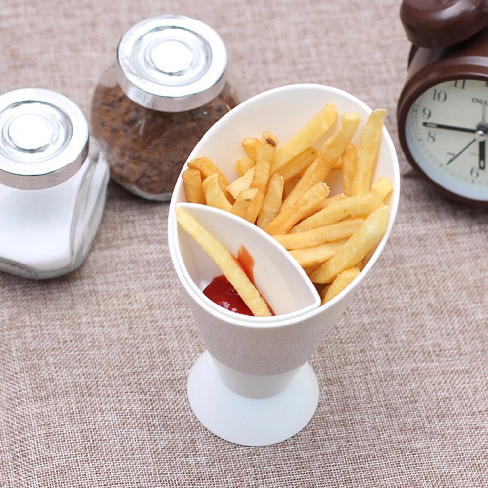 Kitchen Serving Tool Snack Cone Stand + Dip Holder For Chips Finger Food Sauce White Fries Dip and Cone Cup Snack Holder Serving