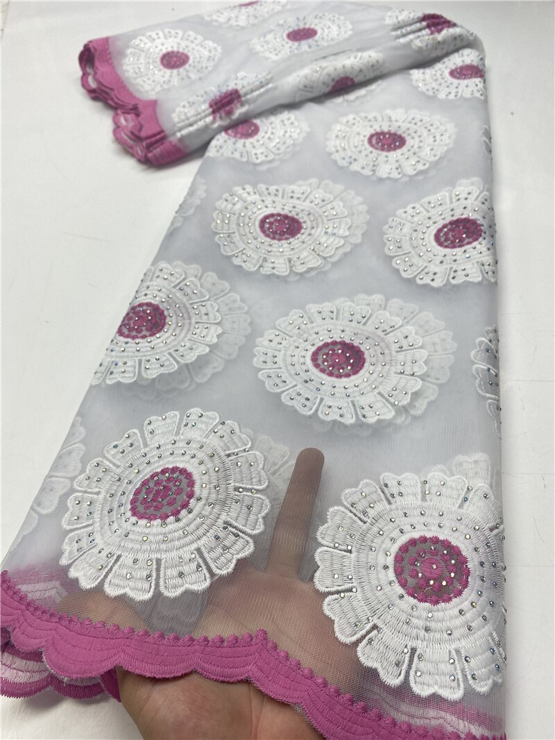 Latest Embroidery French Tulle Lace Fabric With Stones Pure White African Lace Fabric For Wedding Party Sewing YA3652B-2: Picture 7