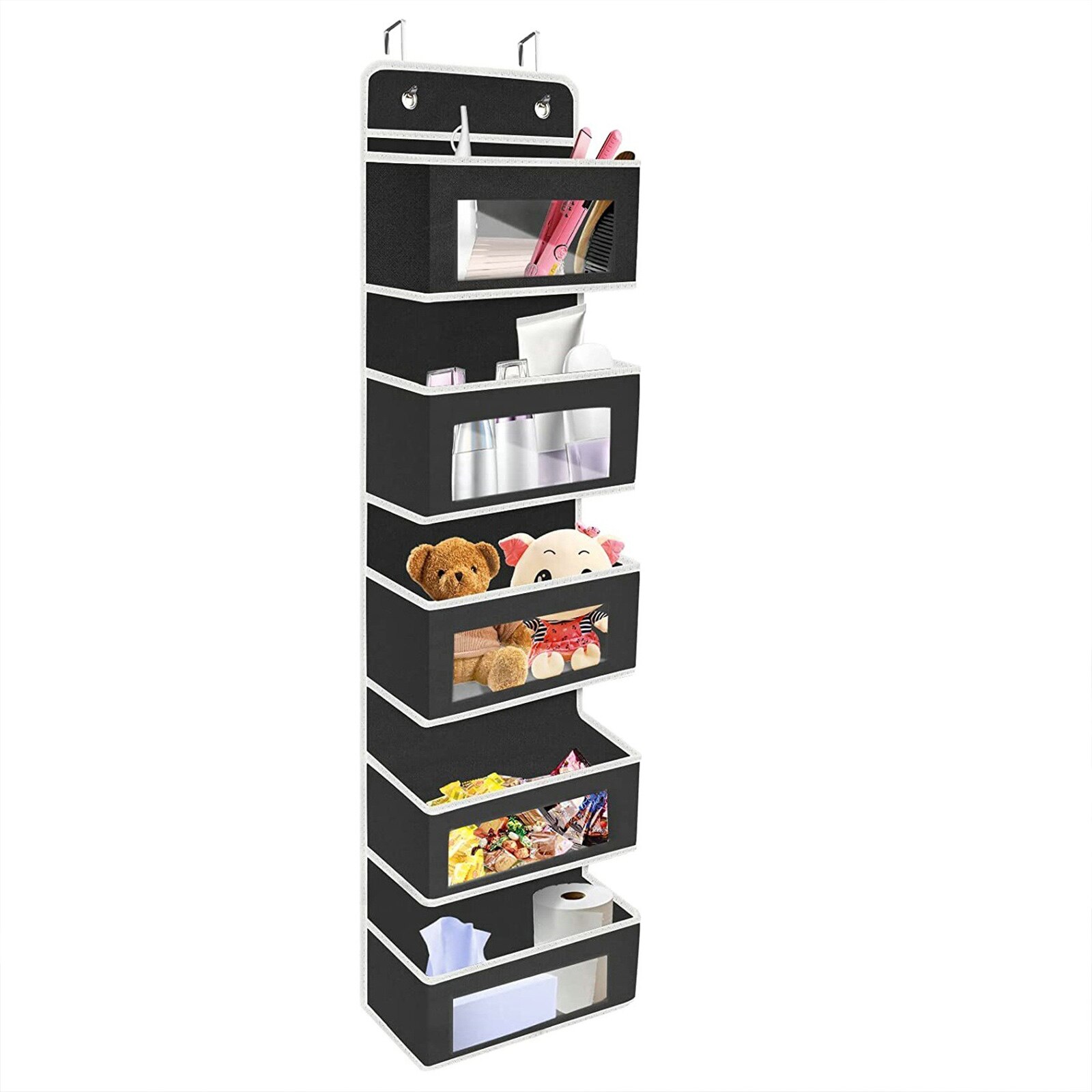 Over Door Hanging Organizer 5 Large Layers Wall Mount Storage Clear Window 2 Metal Hooks Wall Hang Home Storage And Organization: Black 5 layers