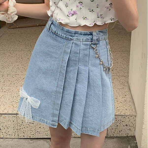 HOUZHOU-Falda vaquera Vintage para mujer, Falda plisada asimétrica de cintura alta con cadena de lazo Kawaii, ropa de calle informal de coreana para verano: L