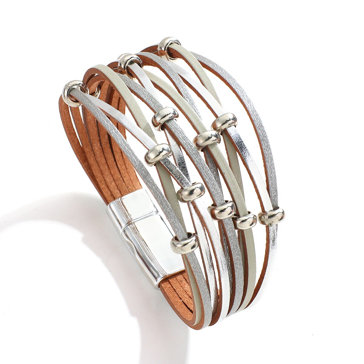 Allyes simples boho cruz buraco líquido contas de metal ampla envoltório pulseiras para mulheres multicamadas pulseira de couro feminino jóias presentes: Silver Grey