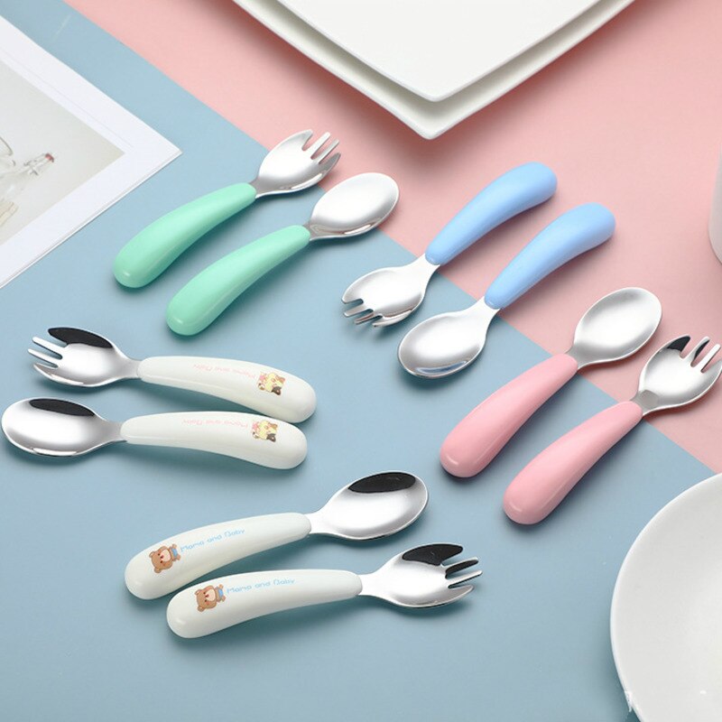 Baby Tableware Set Infant Food Feeding Spoon Fork Gadgets 304 Stainless Steel BPA Free Toddler Cartoon Dinnerware Cutlery