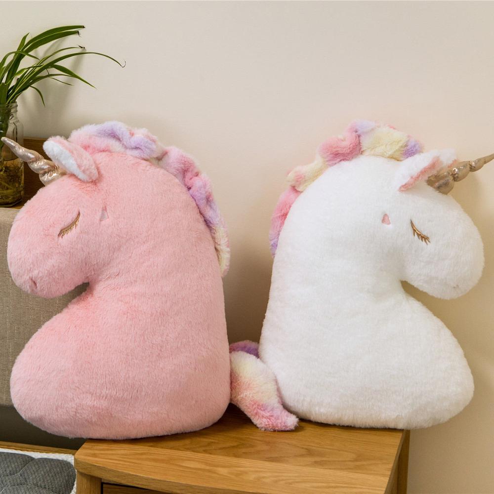 Adorable licorne tête en peluche oreiller flou doux en peluche Animal décor oreiller enfants lit lit jeter oreiller