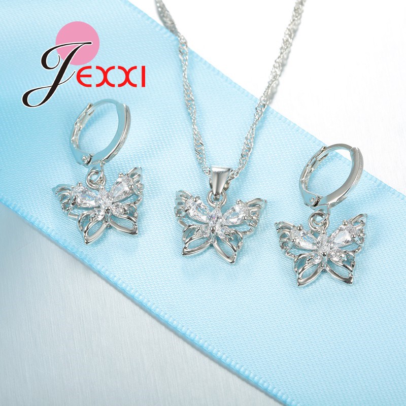 Romantic and Beautiful Butterfly Jewelry Sets For Women 925 Serling Silver Shinning Crystals Necklace Pendants Earrings