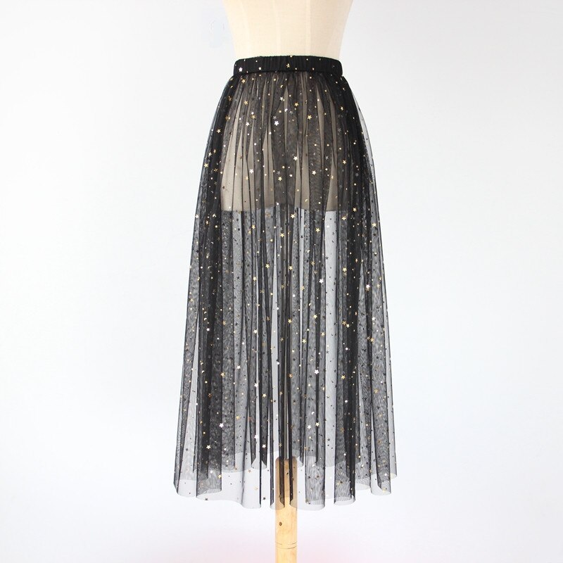 Gauze half slip singler layer transparent medium long underskirt spring and autumn stars sequins petticoat Cover skirt: Default Title