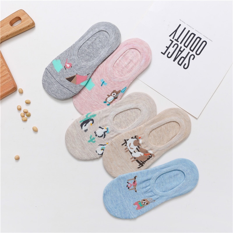 5 par/lot korea sommar tecknat djur kvinnor strumpor kanin katt räv båt strumpor bomull söt kawaii osynliga ankel strumpor