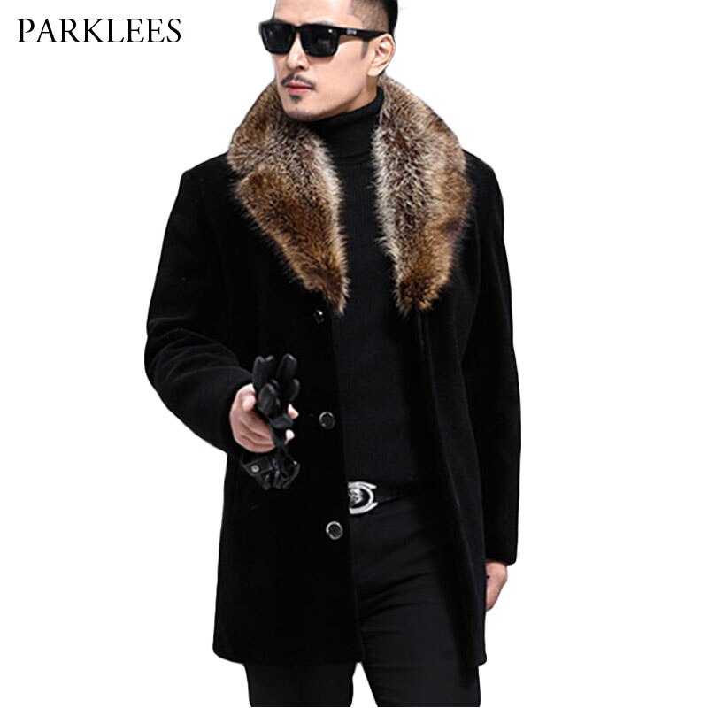 Big Fur Windbreaker Jacket Men Black Long Overcoat Mens Trench Coat Casual Slim Fit Wool Blends Jackets and Coats Outwear 5XL