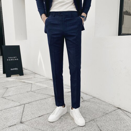Klassieke gestreepte pakbroek heren casual zakelijke broek heren slim fit formele broek pantalon kostuum: Blauw / Xl