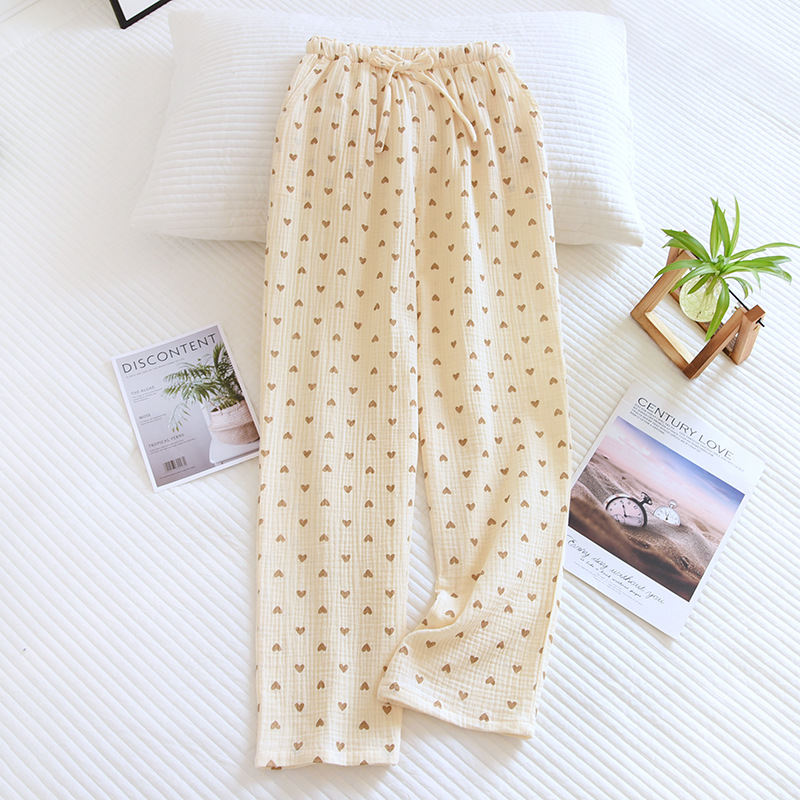 Pantalones de pijama 100% de algodón para el hogar, ropa de dormir suelta, informal, con estampado de amor: Beige love / XL(65-75kg)