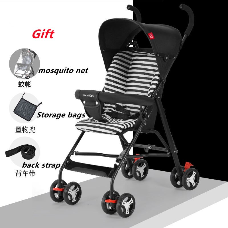 Portable baby stroller can sit foldable lightweight children's stroller simple child stroller umbrella handle: black with pad