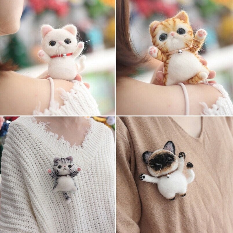 Kit de fieltro de aguja de gato broche para principiantes, contiene suficiente lana de fieltro y herramientas, Manual en inglés
