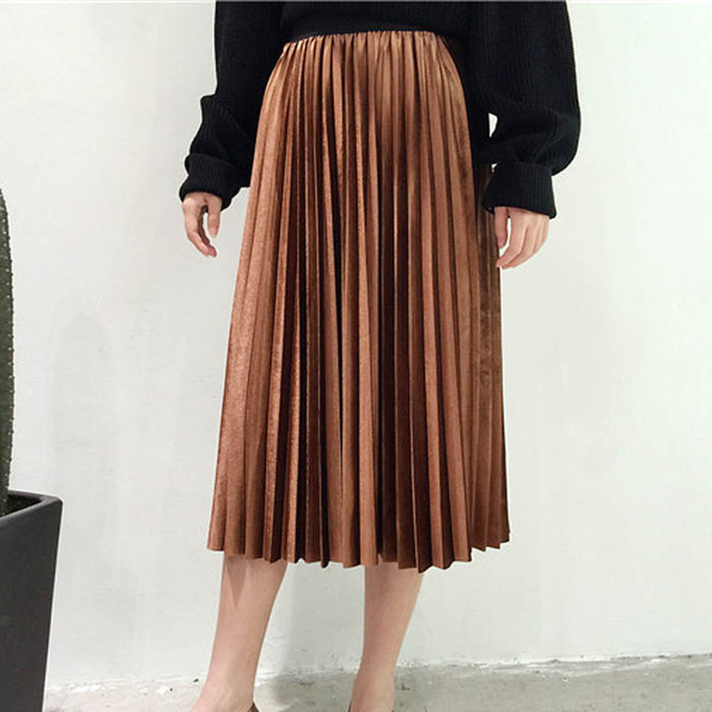 Danjeaner våren kvinnor lång metallic silver maxi plisserad kjol midikjol hög midja elascity casual partykjol vintage: Brun