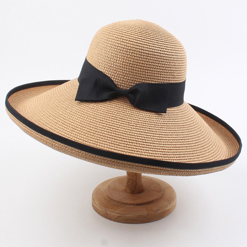HT3085 Strand Hoed Grote Grote Brede Rand Hoed Dames Strand Cap Mode Stro Hoed Elegante Zwarte Strik Vrouwen zomer Zonnehoed