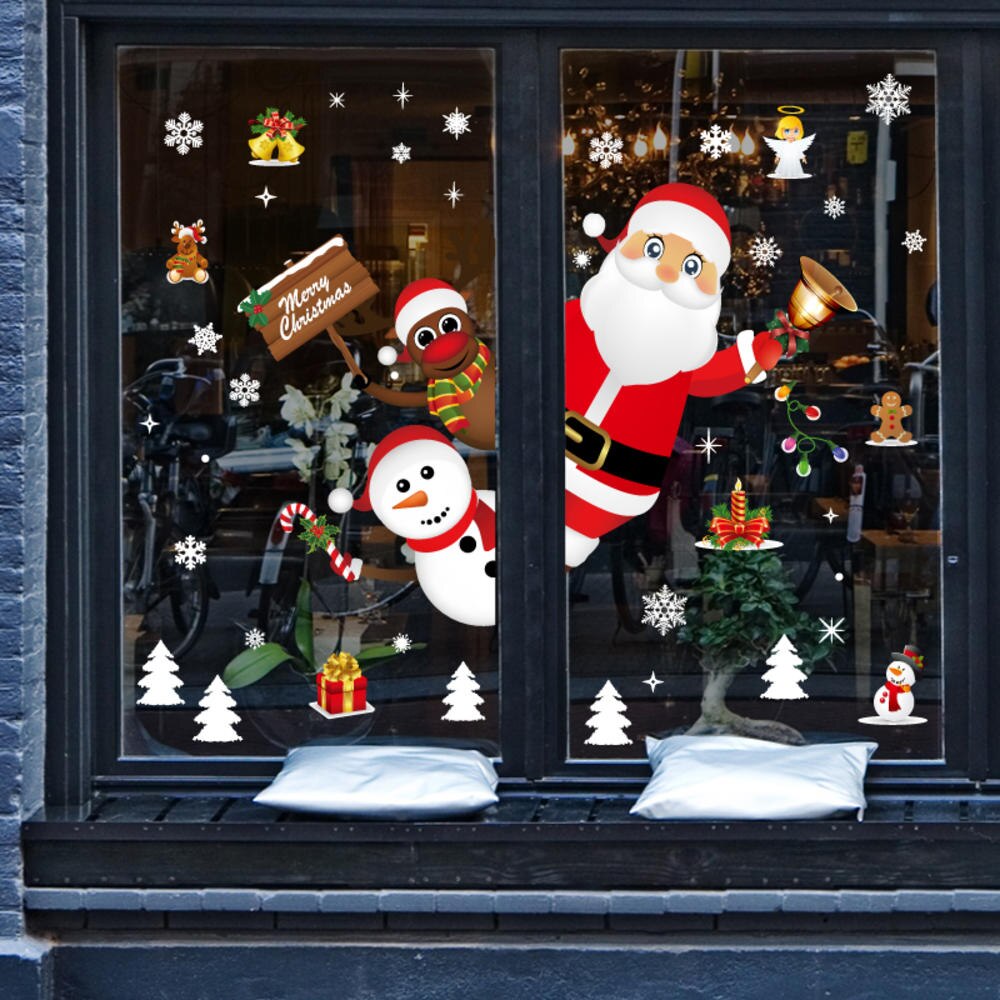 Leuke Kerst Sticker Sneeuwvlok Kerstboom Santa Sticker Voor Deur Window Verwijderbare Zelfklevende Muurstickers