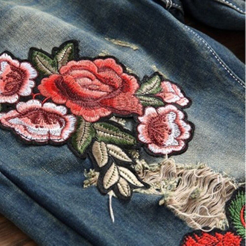 Autumn Straight Leg Slim Jeans Embroidered Rose Tide Pants Classical Retro Ripped Denim Trousers Clothing