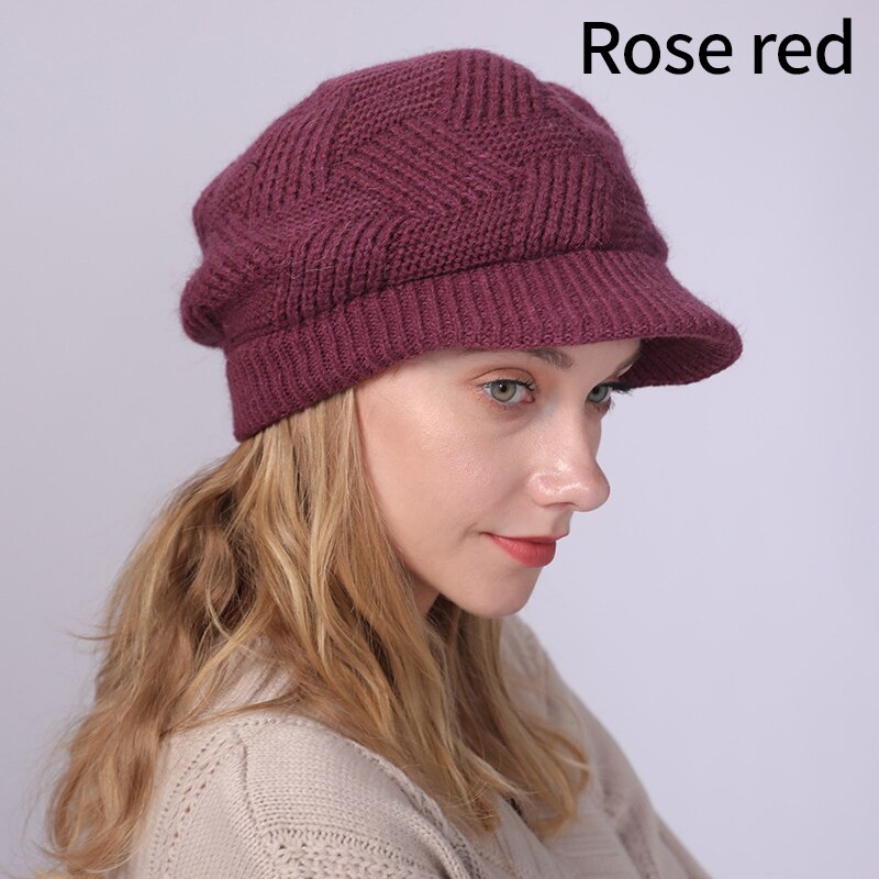 Gorro de punto para mujer, boina de lana de conejo cálida de terciopelo, informal, de , Color sólido, 10 colores, Otoño e Invierno: 4