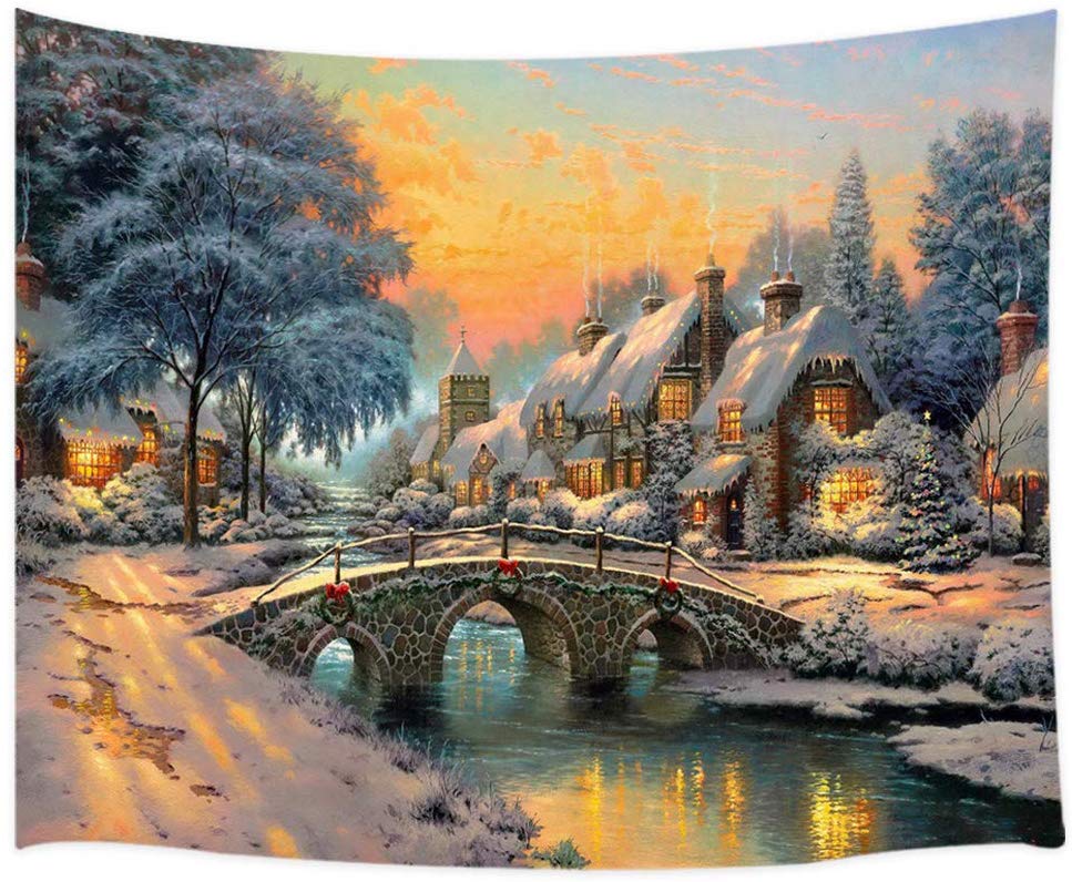 Rustic Farmhouse Christmas Winter Landscape of American Western Village Rural House and Bridge Wall Tapestry