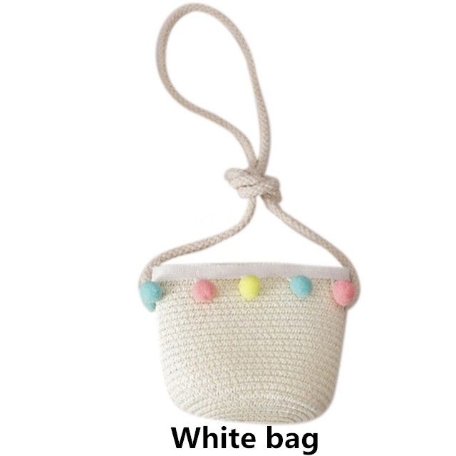 Zomer Reis Stro Hoed Voor Meisjes Prinses Kids Kind Geweven Rand Bloemen Zonnehoed En Tas Sets Voor Outdoor: Bag  white