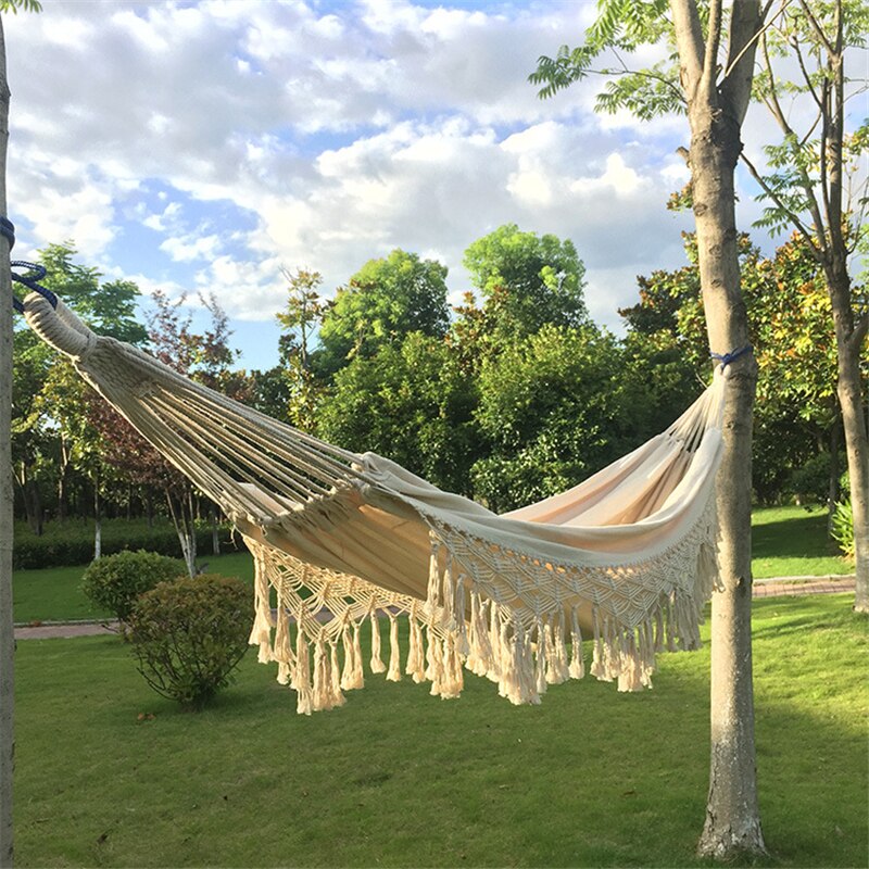 2 person hængekøje boho stor brasiliansk macrame fringe dobbelt deluxe hængekøje gyngestol til ude/indendørs terrasse veranda indretning
