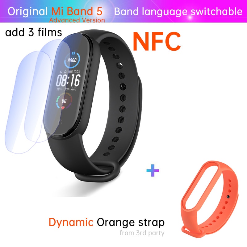 Xiaomi-Pulsera deportiva inteligente Mi Band 5 para mujer, monitor de salud, estándar o NFC, control de estrés, ritmo cardíaco, del sueño, contador de pasos, para deporte fitness y natación, incluye alarma: NFC n film orange