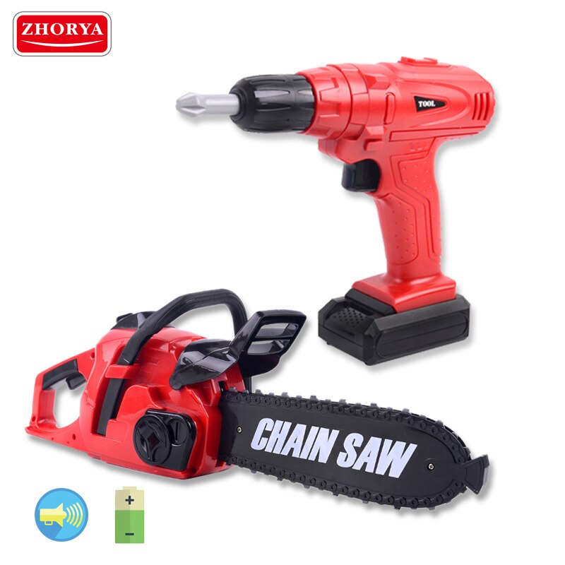 Zhorya Pretend Play Rotating Chainsaw with Sound Drill Toys Kids Tool Set Simulation Tools Repair Toys for Boys Children: Red