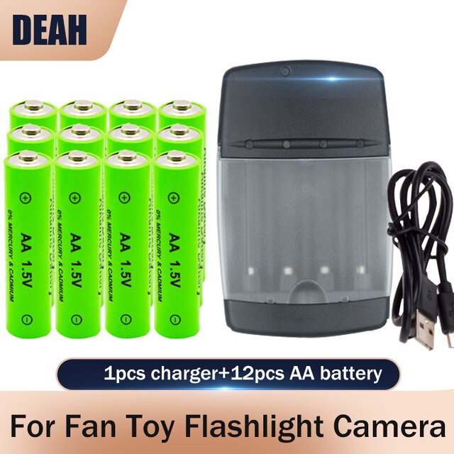 Batterie alcaline Rechargeable AA 1.5V 3000mAh + chargeur de batterie alcaline USB intelligent à 4 emplacements pour pile AA AAA 14500 10440 16340 10440: 1charger 12batteries