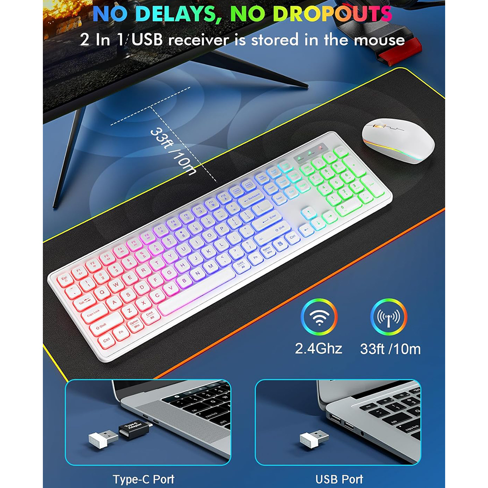 Backlit Wireless Keyboard and Mouse Combo Rechargeable Full-Size Ergonomic 2.4G Quiet Keyboard Mouse for Mac, Windows,Laptop, PC