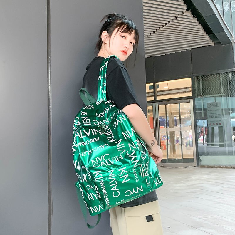 Cool shiny unisex couple school backpacks big student College school bag women men packs: Green