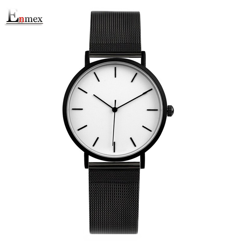 Enmex cool style lady wristwatch Brief vogue simple stylish Black and white face stainless steel quartz clock watch: E8008