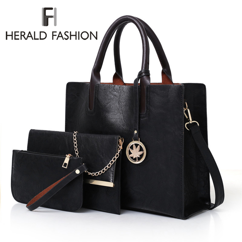 3 uds las mujeres bolsa de bolsa de bolso de cuero de poliuretano para mujer sólida bolsa de mensajero de color hombro cartera bolsas para las mujeres