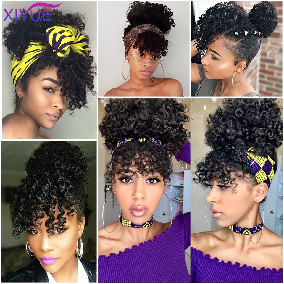 Frange synthétique Afro courte crépue bouclée avec cordon de serrage, Chignon Afro court, queue de cheval crépue bouclée avec frange, Extension capillaire