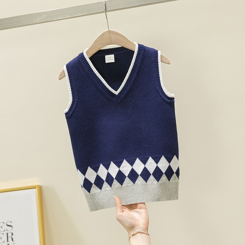 Geometric Rhombus Knit Vest for Big Boys Autumn Preppy Style School Uniform Baby Girls Sleeveless Outerwear Knitted Sweater