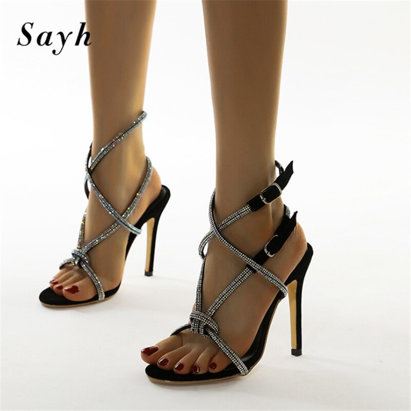 Zapatos de tacón alto de 12CM, sandalias a la brillantes con punta abierta para mujer, zapatos de tacón con diamantes de cristal relucientes, zapatos y vestido de novia para fiestas y bodas