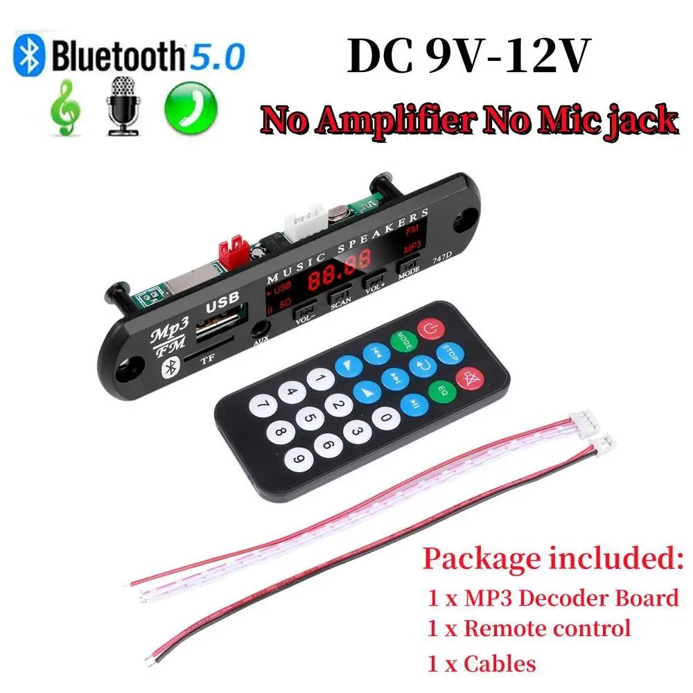 Wzmacniacz 100W Bluetooth 5.0 DIY Dekoder MP3 WAV Płytka DC 12V 50W Bezprzewodowy samochodowy odtwarzacz USB MP3 Gniazdo karty TF USB FM z mikrofonem 3,5 mm: Czerwony