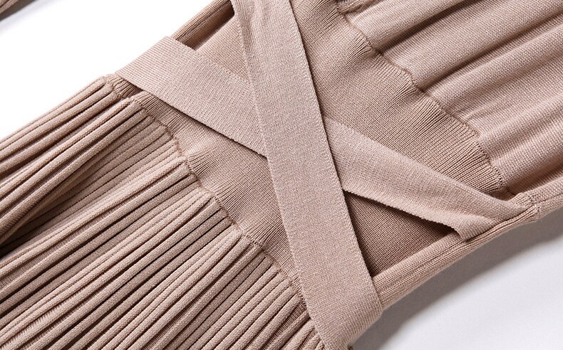 PERHAPS U Khaki Winter Full Sleeve Long Sleeve Office Midi Sashes V-Neck Solid Wrap Pink Knitted Knee Length Dress D0014