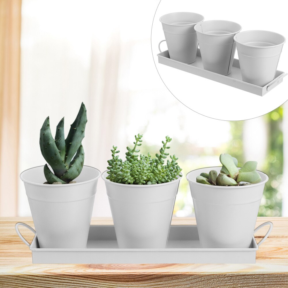 3pc Flower Iron Bucket Planter Pot with Tray Retro Flower Buckets Succulents Pot: Light Grey