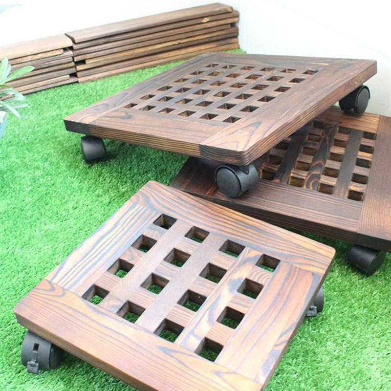 1pc Wooden Plant Pallet Caddy With Wheels Square Flower Pot Holder Mover Base With Roller Brake Universal Pulley Flower Pot Tray