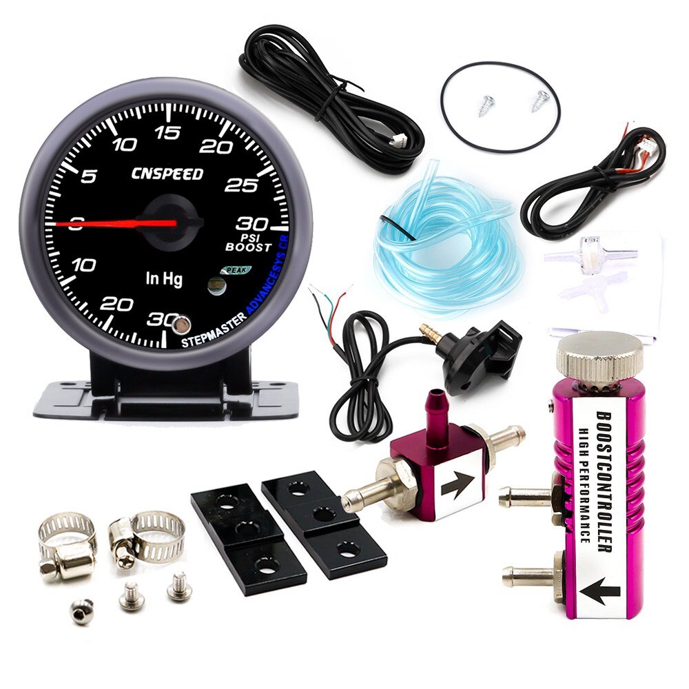 CNSPEED 60MM Car Turbo Boost Gauge PSI With Sensor Black Face White& AMBER Lighting turbo boost meter & Adjustable Controller: purple Controller