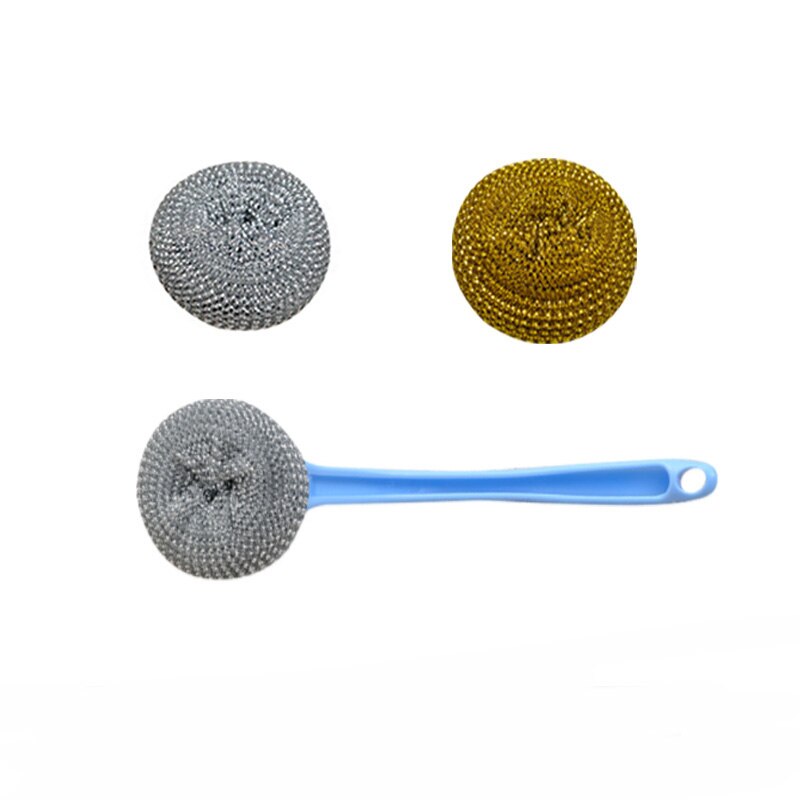 Ståltråd kugle skrubber opvaskebørste rustfrit stål lang håndtag svamp kugler rengøringsmiddel til vaskekande fad skål skål værktøj: Sæt 1 tilfældigt