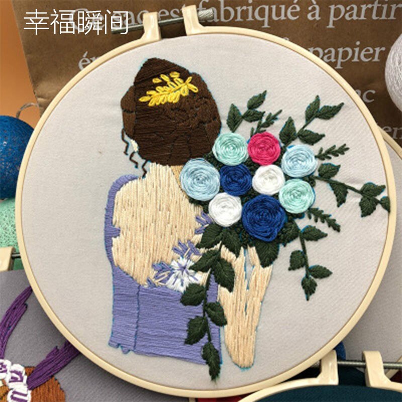 3D Embroidery Kits Cartoon Girl Hand Bouquet Pattern Beginner DIY Embroidery Material Package Cross Stitch Sewing Tools Bordado: 5